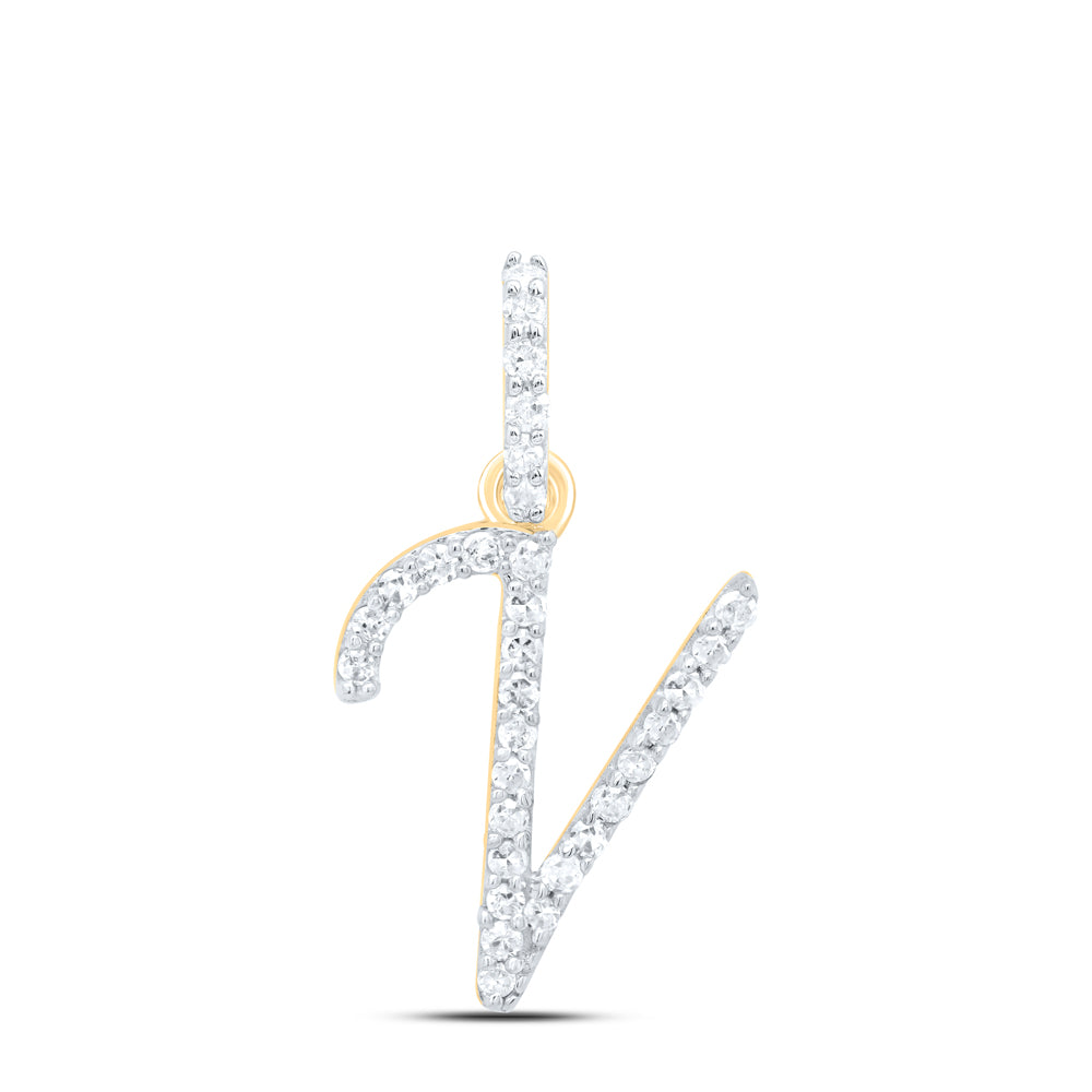 0.13 Ctw Natural Diamond Itallic Initial Letter V Pendant in 10k Yellow Gold