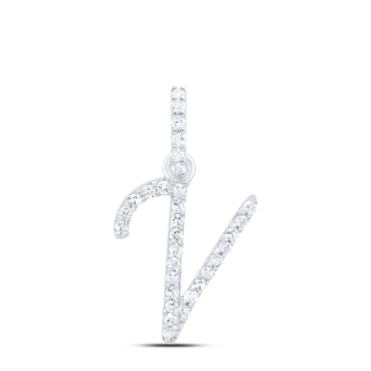 0.12 Ctw Natural Diamond Itallic Initial Letter V Pendant in 10k White Gold