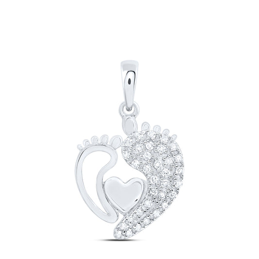 0.12 Ctw Natural Diamond Mother & Child Feet Heart Pendant in 10k White Gold