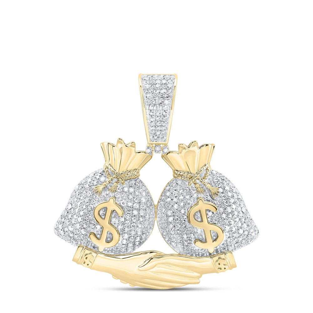1.01 Ctw Natural Diamond Hiphop Dollar Money Bag Hand Shake Pendant in 10k Yellow Gold