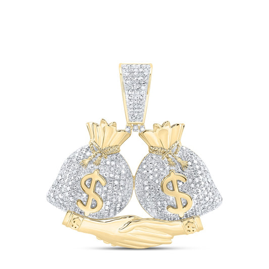 1.01 Ctw Natural Diamond Hiphop Dollar Money Bag Hand Shake Pendant in 10k Yellow Gold