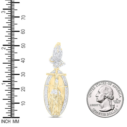 0.8 Ctw Natural Diamond Praying Hand Jesus Crucifix Pendant in 10k Yellow Gold
