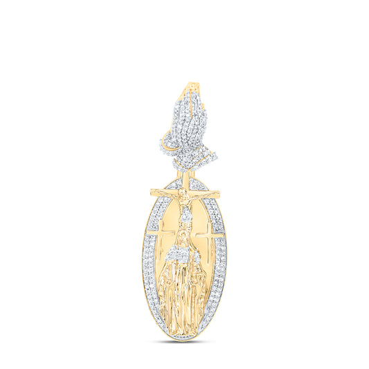 0.8 Ctw Natural Diamond Praying Hand Jesus Crucifix Pendant in 10k Yellow Gold