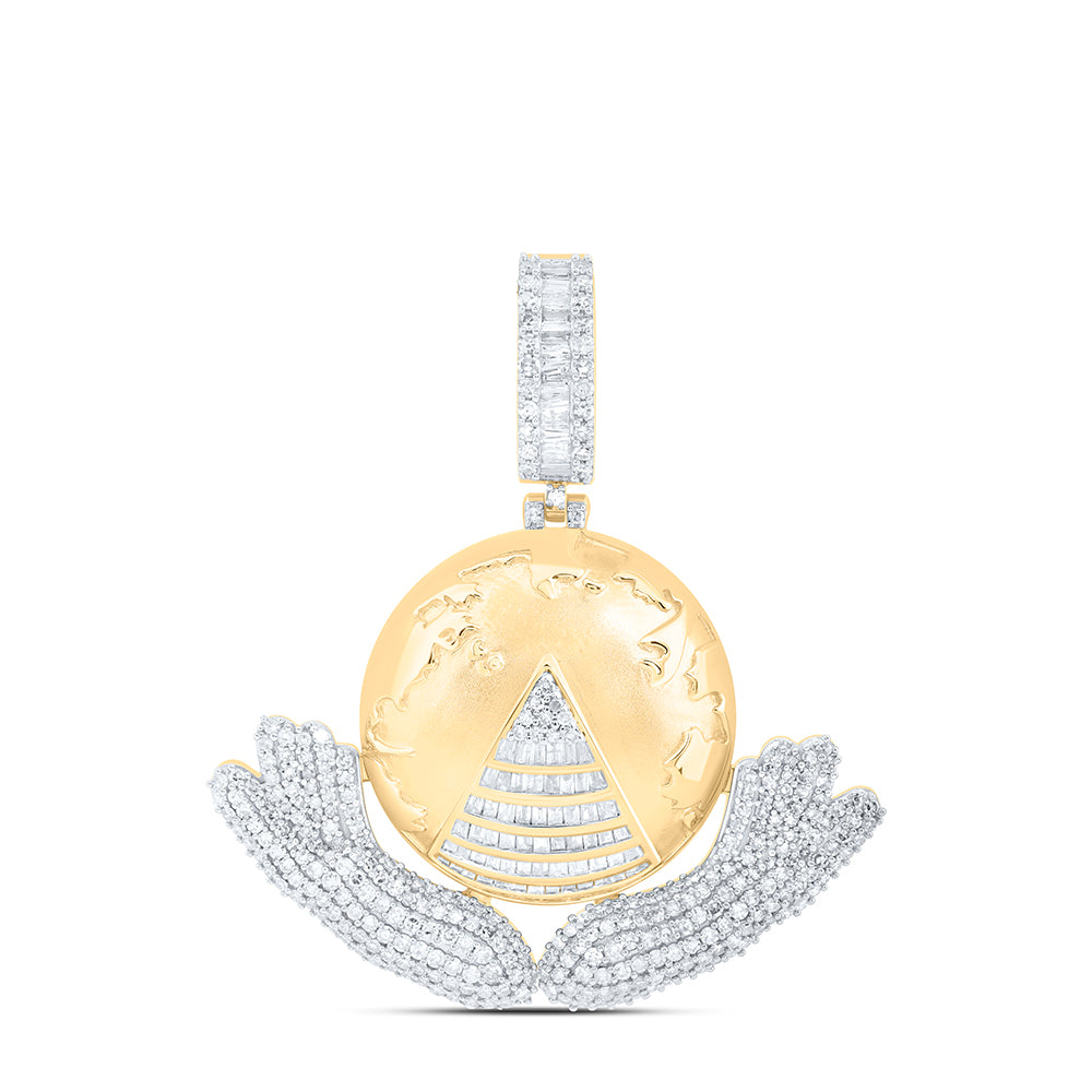 1.94 Ctw Natural Diamond Globe world Held Two Hands Pyramid Pendant in 10k Yellow Gold
