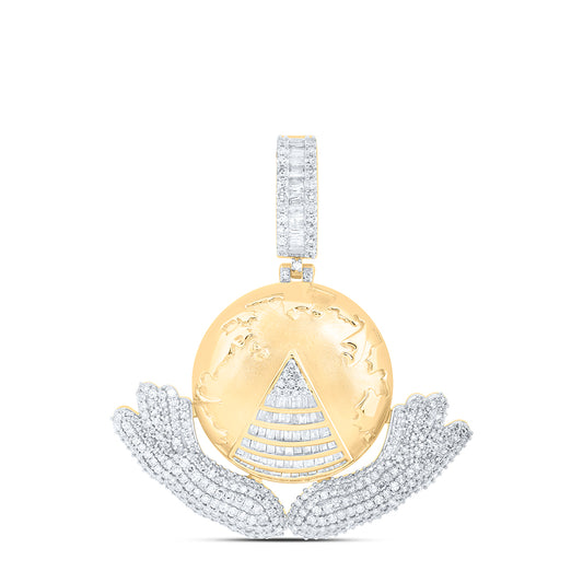 1.94 Ctw Natural Diamond Globe world Held Two Hands Pyramid Pendant in 10k Yellow Gold