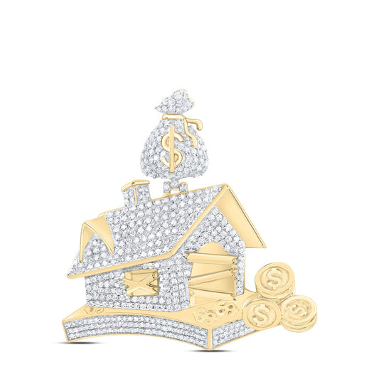 1.68 Ctw Natural Diamond Trap House Money Bag Dollar Sign Pendant in 10k Yellow Gold