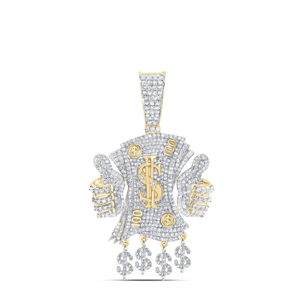 2.01 Ctw Natural Diamond Dollar Sign Hundred 100 Thumps Up Pendant in 10k Yellow Gold