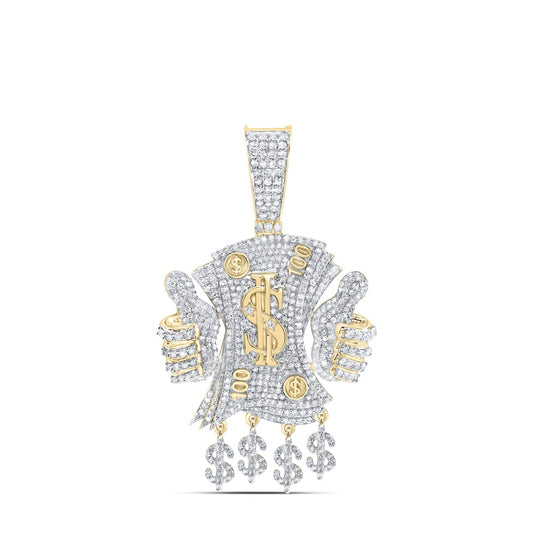 2.01 Ctw Natural Diamond Dollar Sign Hundred 100 Thumps Up Pendant in 10k Yellow Gold