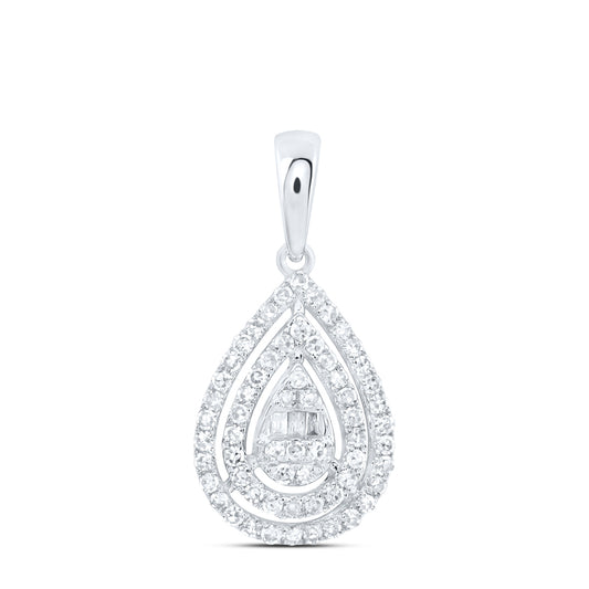 0.34 Ctw Natural Diamond Teardrop Bagguett Pendant in 10k White Gold