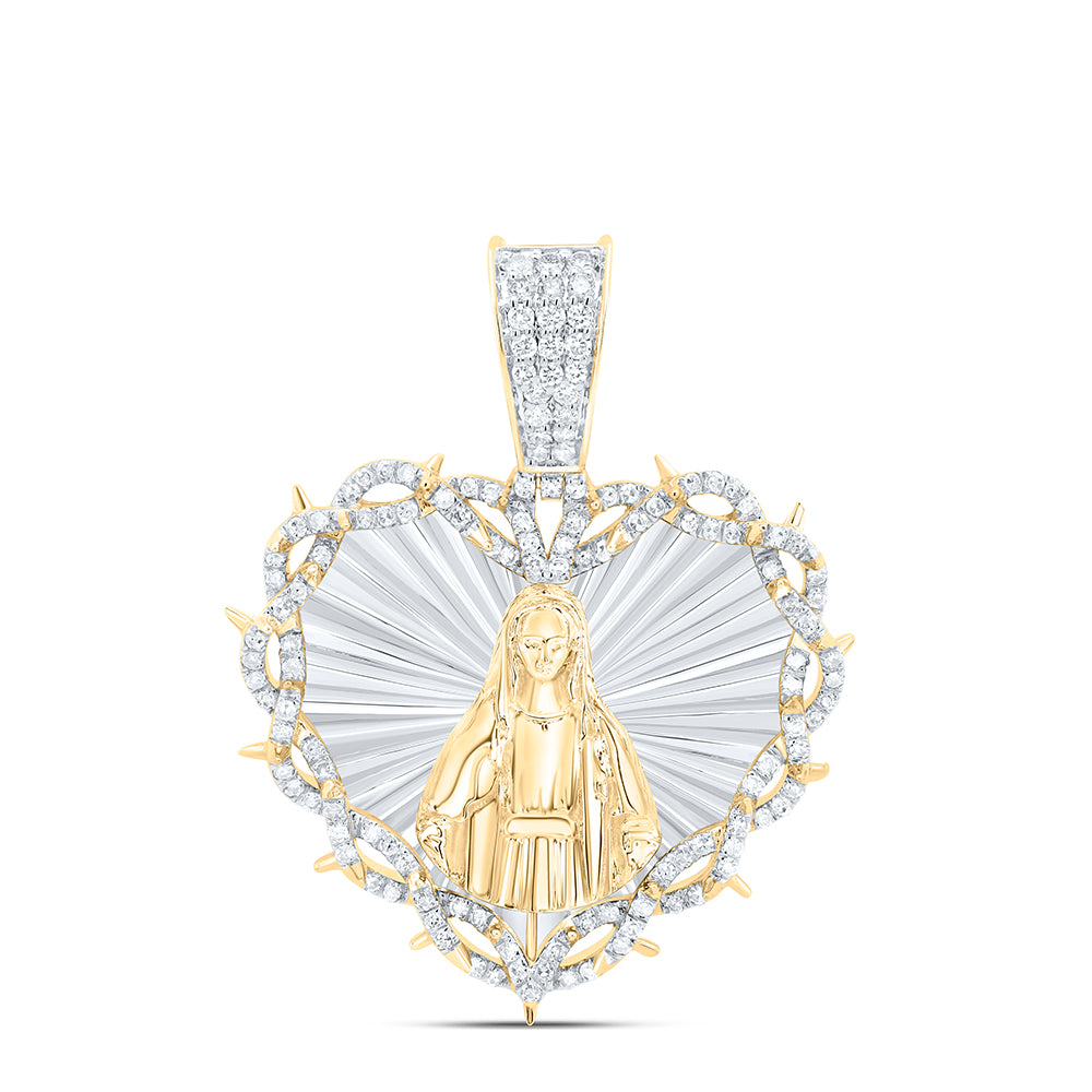0.82 Ctw Natural Diamond Virgin Mother Mary Heart Pendant in 10K Yellow White
