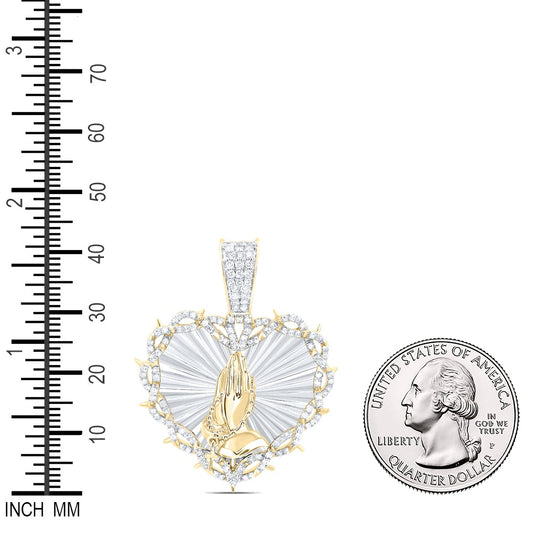 0.81 Ctw Natural Diamond Heart Praying Hands Hanging Cross Pendant in 10k Yellow Gold