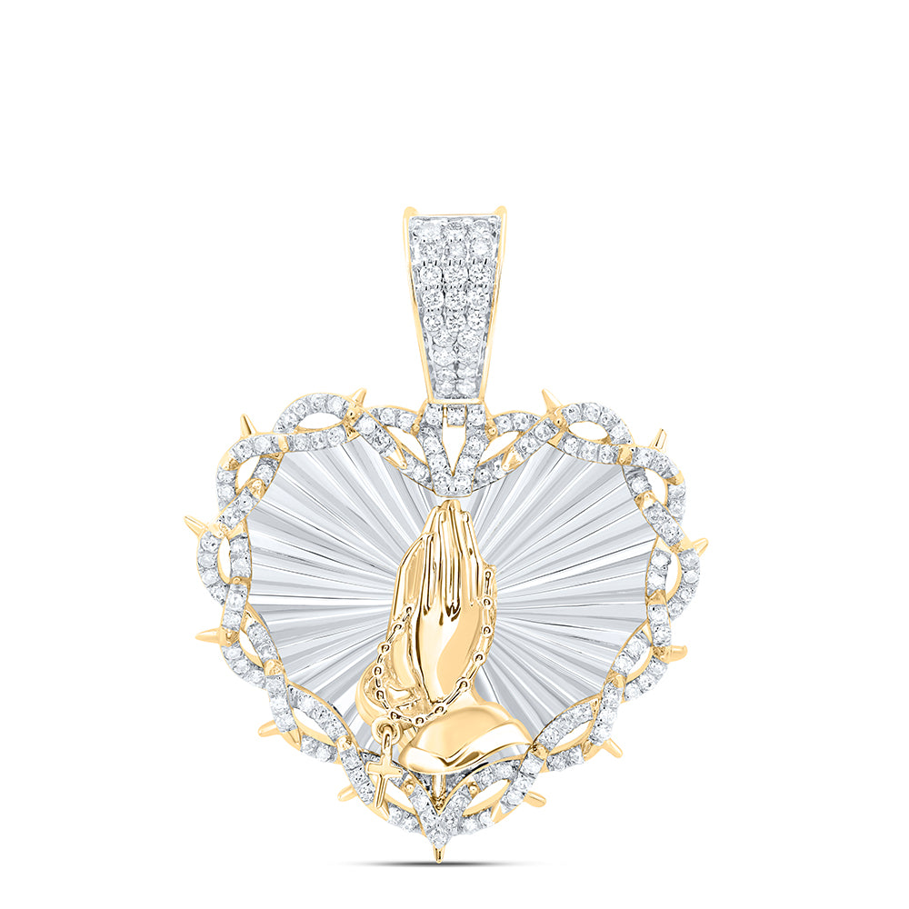 0.81 Ctw Natural Diamond Heart Praying Hands Hanging Cross Pendant in 10k Yellow Gold