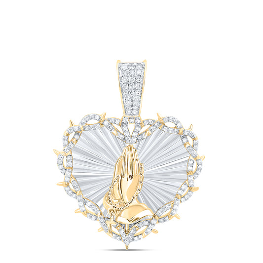 0.81 Ctw Natural Diamond Heart Praying Hands Hanging Cross Pendant in 10k Yellow Gold