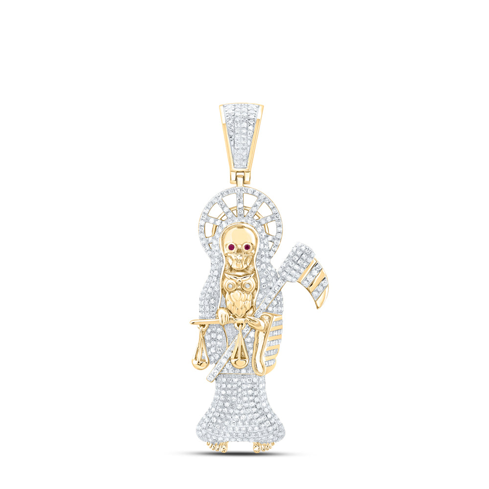 2.49 Ctw Natural Diamond Santa Muerte Grim Reaper Pendant in 10k Yellow Gold