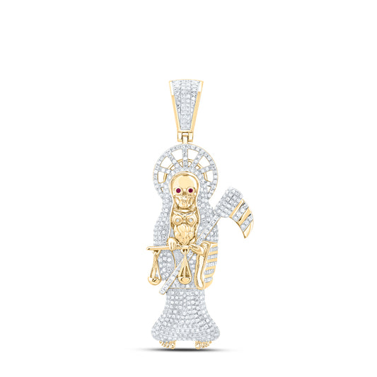 2.49 Ctw Natural Diamond Santa Muerte Grim Reaper Pendant in 10k Yellow Gold