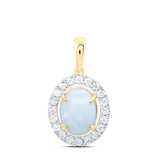 1.39 Ctw Natural Diamond Opal Oval Shaped Pendant in 10k Yellow Gold