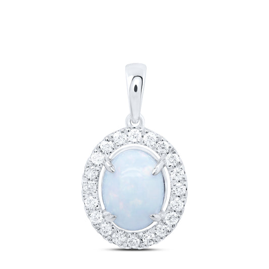1.65 Ctw Natural Diamond Opal Oval Shaped Pendant in 10k White Gold