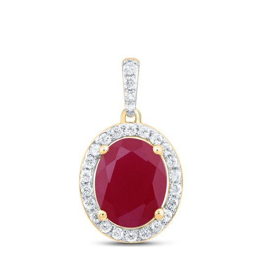 4.05 Ctw Natural Diamond Red Oval Pendant in 10k Yellow Gold