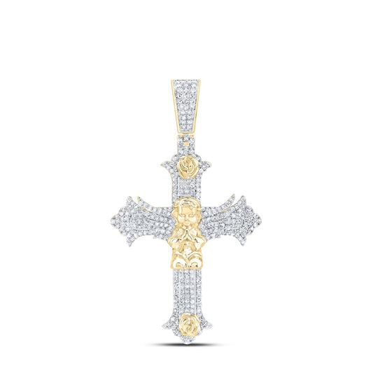 0.96 Ctw Natural Diamond Cherub Angel Cross Pendant in 10k Yellow Gold