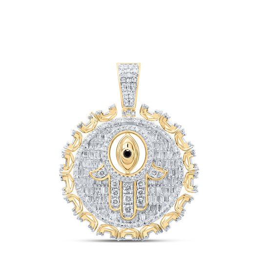 2.14 Ctw Natural Diamond Hamza Evil Eye Medallion Pendant in 10k Yellow Gold