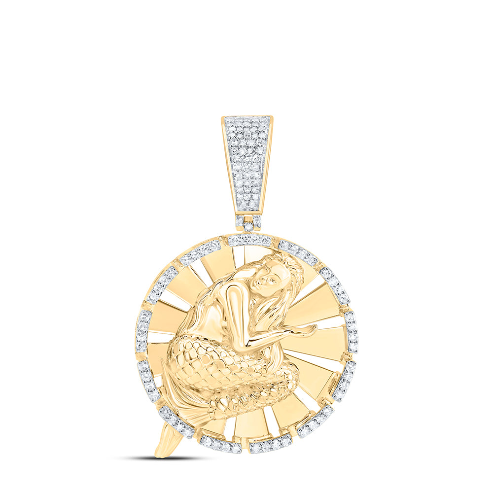 0.5 Ctw Natural Diamond Mermaid Circlar Border Pendant in 10k Yellow Gold