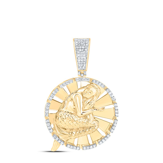 0.5 Ctw Natural Diamond Mermaid Circlar Border Pendant in 10k Yellow Gold