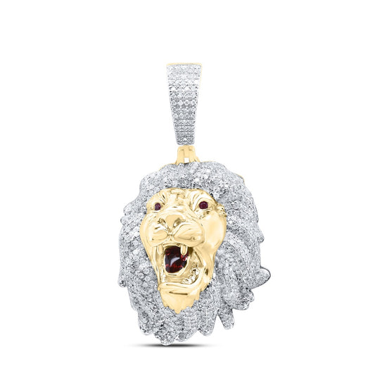 1.35 Ctw Natural Diamond Roaring Lion Head Animal Pendant in 10k Yellow Gold