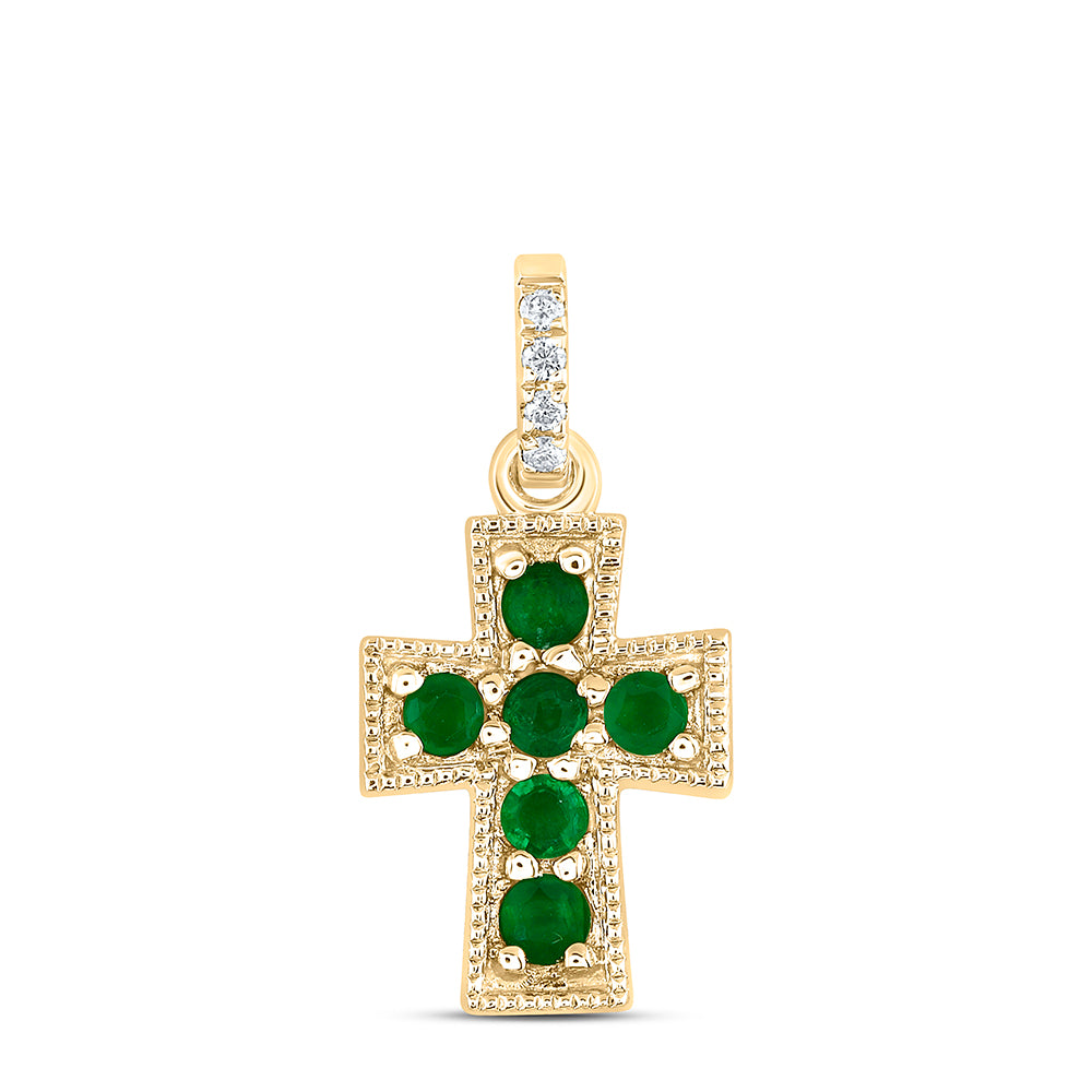 0.13 Ctw Natural Diamond Green Diamond Cross Pendant in 14k Yellow Gold