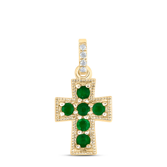 0.13 Ctw Natural Diamond Green Diamond Cross Pendant in 14k Yellow Gold