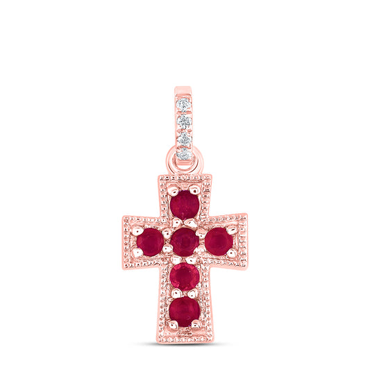 0.15 Ctw Natural Diamond Red Diamond Cross Pendant in 14k Rose Gold