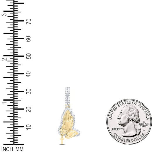 0.97 Ctw Natural Diamond Praying Hands Hanging Cross Pendant in 10k Yellow Gold