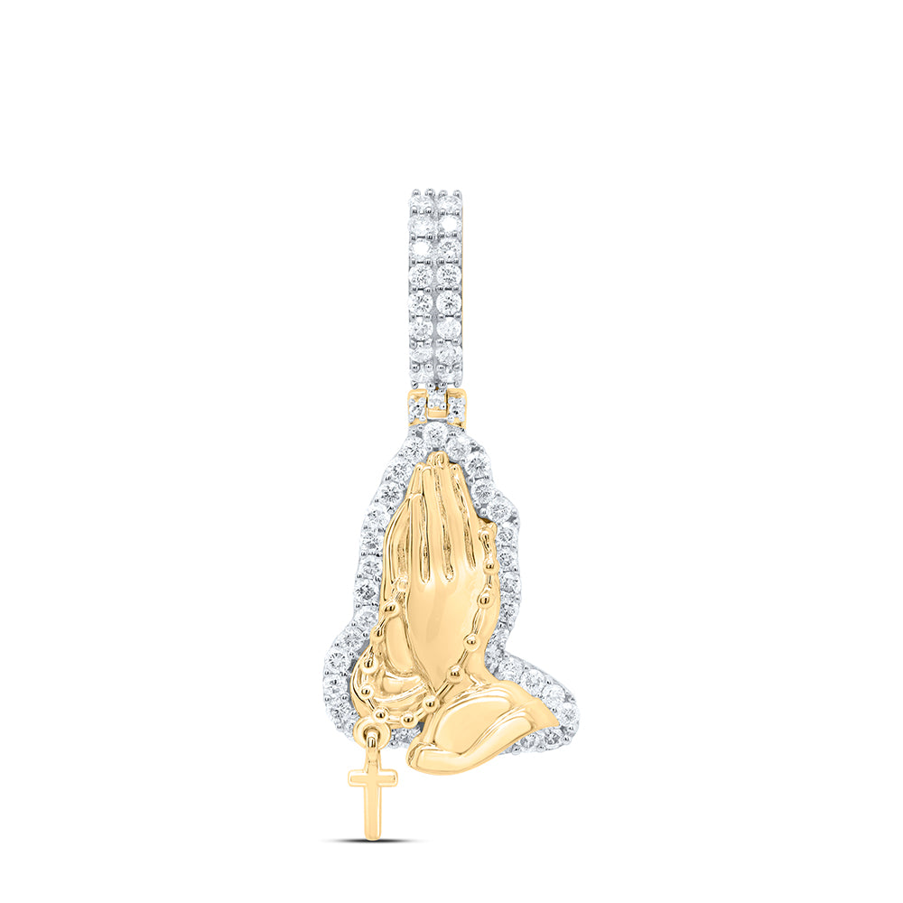 0.97 Ctw Natural Diamond Praying Hands Hanging Cross Pendant in 10k Yellow Gold