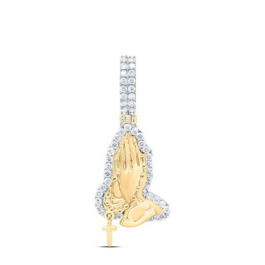 0.97 Ctw Natural Diamond Praying Hands Hanging Cross Pendant in 10k Yellow Gold