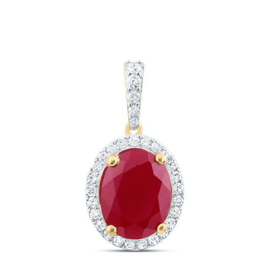 4.1 Ctw Natural Diamond Red Center Oval Pendant in 10k Yellow Gold