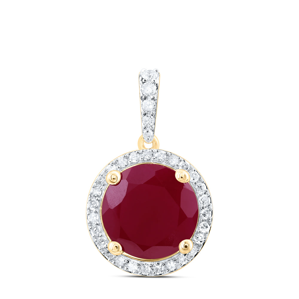 5.47 Ctw Natural Diamond Center Red Round Shaped Pendant in 10k Yellow Gold