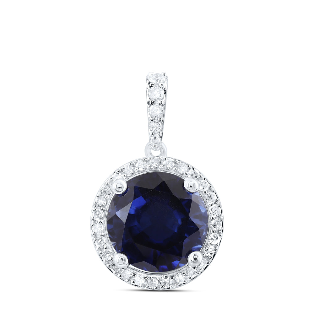 5.57 Ctw Natural Diamond Center Blue Round Shaped Pendant in 10k White Gold