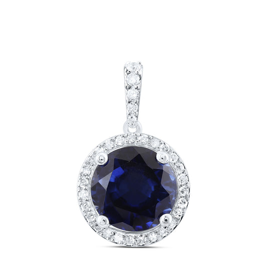 5.57 Ctw Natural Diamond Center Blue Round Shaped Pendant in 10k White Gold