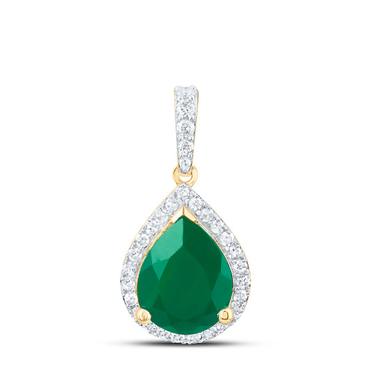 2.67 Ctw Natural Diamond Green Emerald Teardrop Pendant in 10k Yellow Gold
