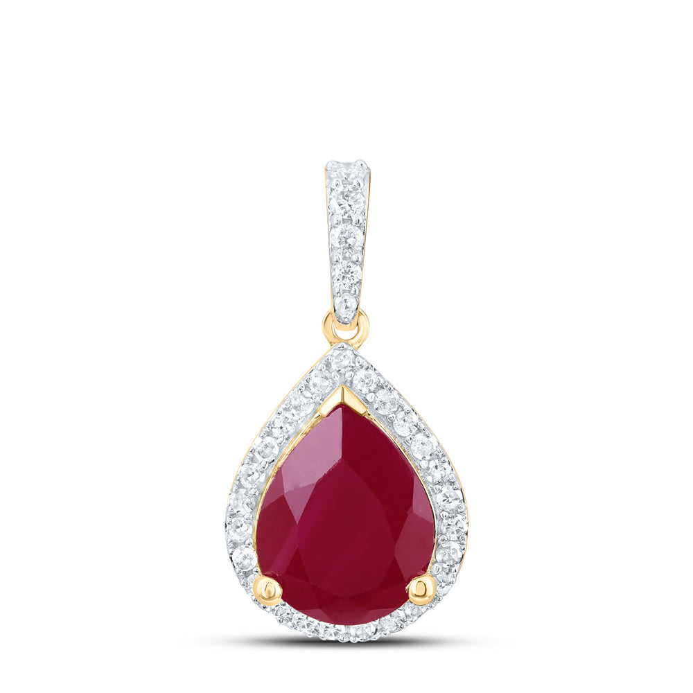 3.82 Ctw Natural Diamond Red Ruby Teardrop Pendant in 10k Yellow Gold