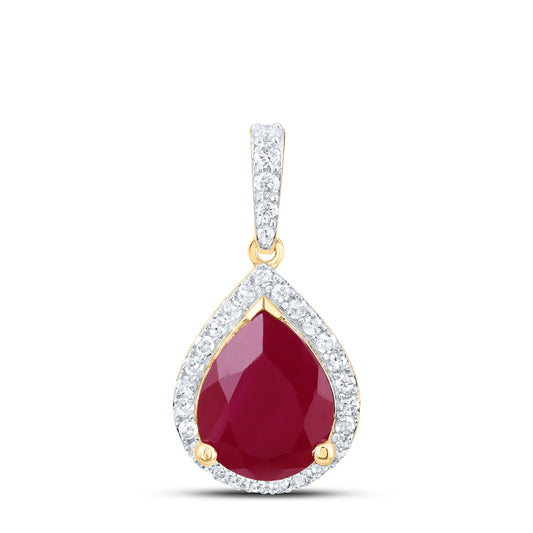 3.82 Ctw Natural Diamond Red Ruby Teardrop Pendant in 10k Yellow Gold