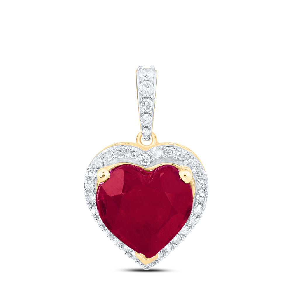 5.26 Ctw Natural Diamond Red Center Heart Pendant in 10k Yellow Gold