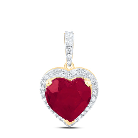 5.26 Ctw Natural Diamond Red Center Heart Pendant in 10k Yellow Gold
