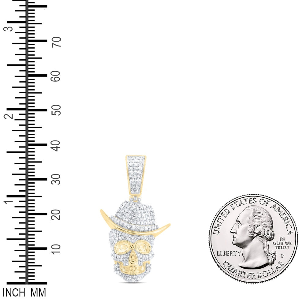 0.91 Ctw Natural Diamond Skull Cowboy Hat Pendant in 10k Yellow Gold