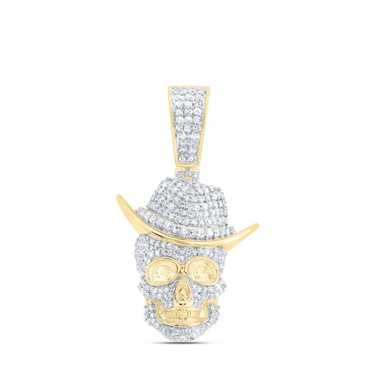 0.91 Ctw Natural Diamond Skull Cowboy Hat Pendant in 10k Yellow Gold