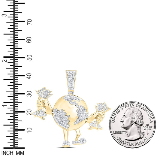 1.01 Ctw Natural Diamond World Globe Walking Money On Hands Pendant in 10k Yellow Gold
