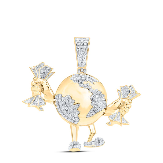 1.01 Ctw Natural Diamond World Globe Walking Money On Hands Pendant in 10k Yellow Gold