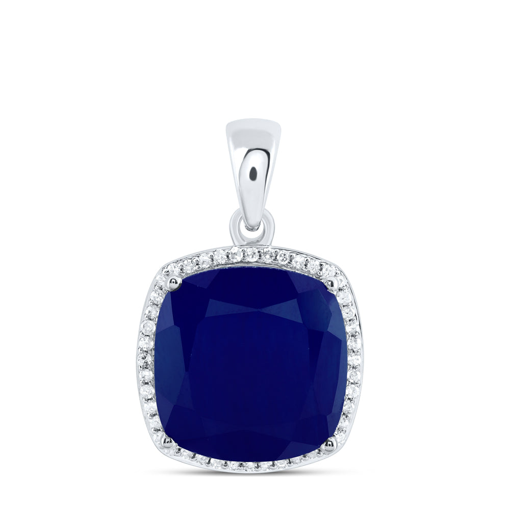 12 Ctw Natural Diamond Blue Sapphire Square Pendant in 10k White Gold