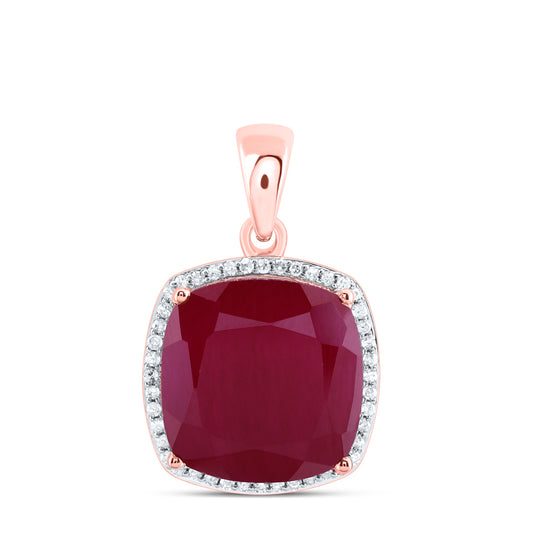 12.83 Ctw Natural Diamond Red Ruby Square Pendant in 10k Rose Gold