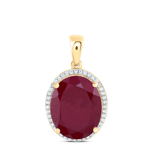 11.85 Ctw Natural Diamond Red Ruby Oval Gift Pendant in 10k Yellow Gold