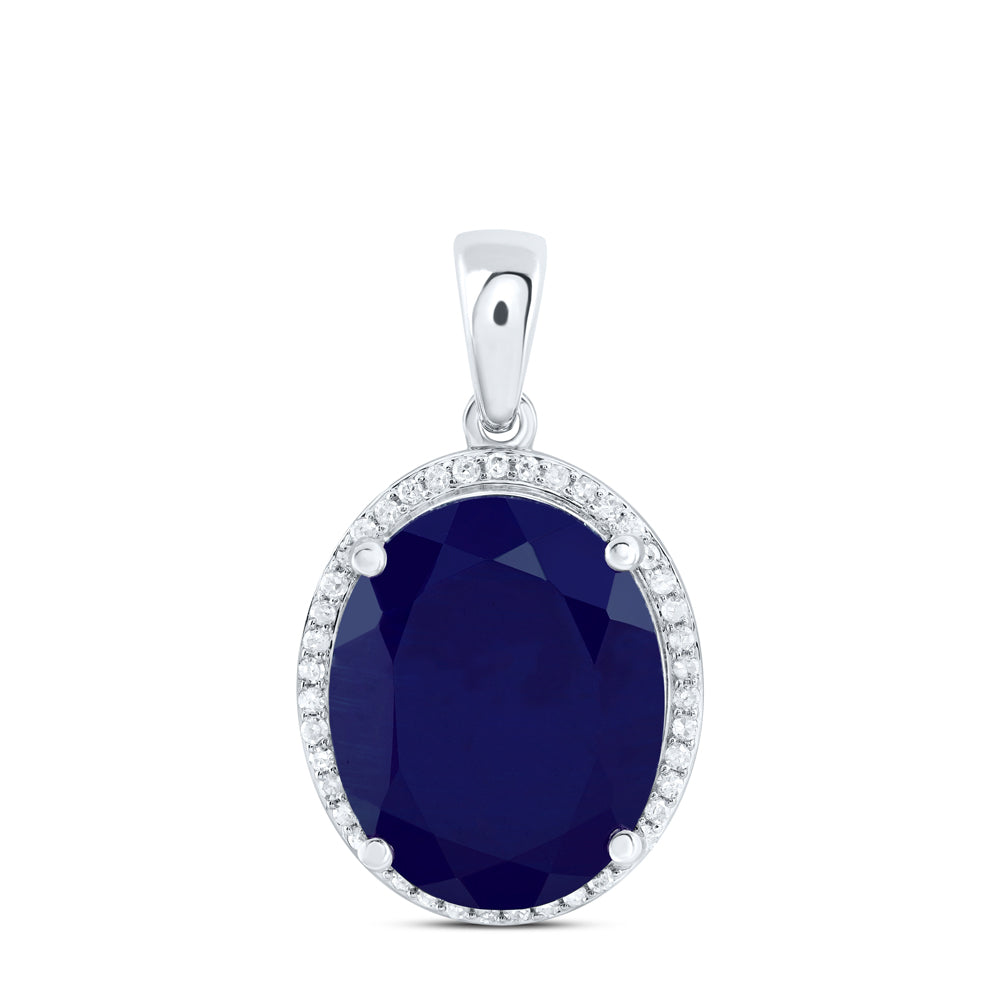 12.71 Ctw Natural Diamond Blue Sapphire Oval Gift Pendant in 10k White Gold